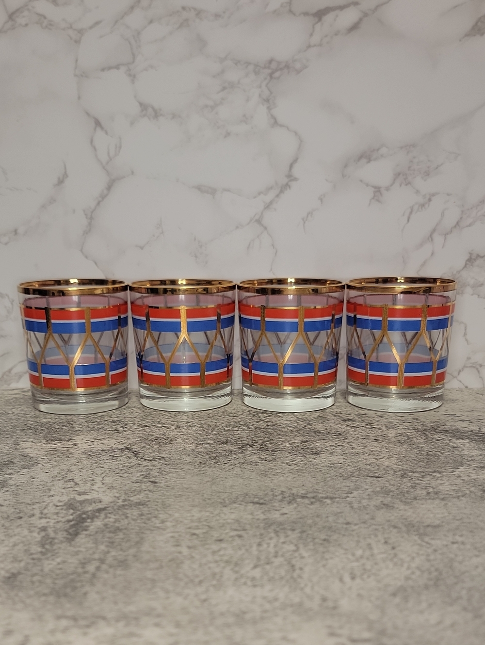 Vintage Fabrico Red and Blue Gold Rim Rocks Glasses Set of Four - Picture 7 of 9